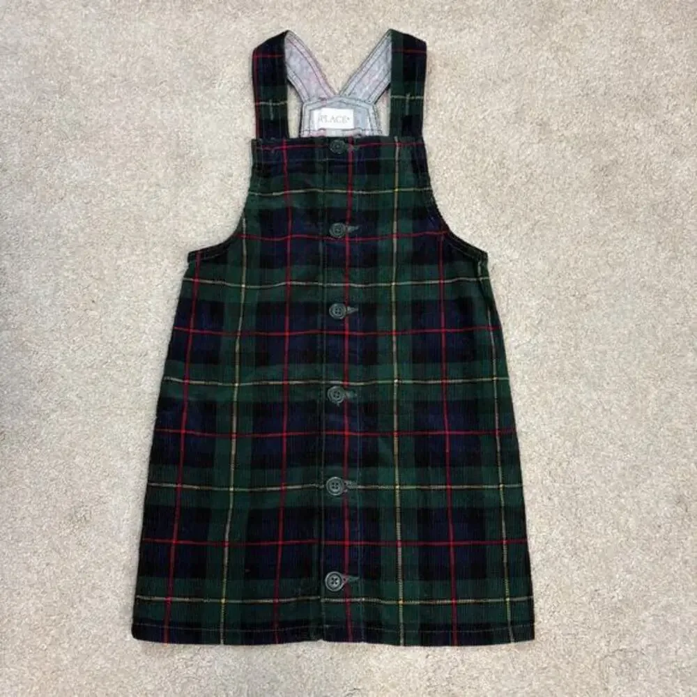 NWT The Children’s Place Button-Down Green Plaid Corduroy Skirtall Dress Size 5